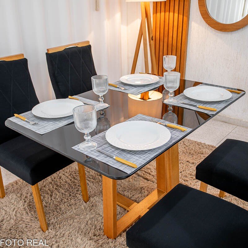 Mesa de Jantar Pedro Mel Vidro Preto 120×80 4 Cadeiras Lisboa Veludo Preto 504 Madeira Maciça Art Assento - Entregue Montada - Imagem 2