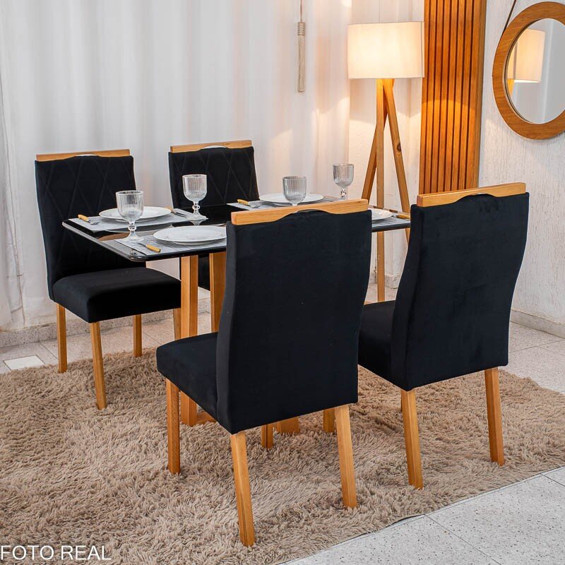 Mesa de Jantar Pedro Mel Vidro Preto 120×80 4 Cadeiras Lisboa Veludo Preto 504 Madeira Maciça Art Assento - Entregue Montada - Imagem 3