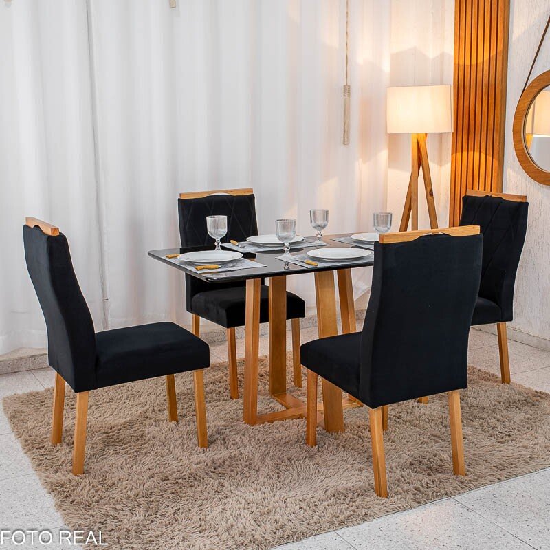 Mesa de Jantar Pedro Mel Vidro Preto 120×80 4 Cadeiras Lisboa Veludo Preto 504 Madeira Maciça Art Assento - Entregue Montada - Imagem 4