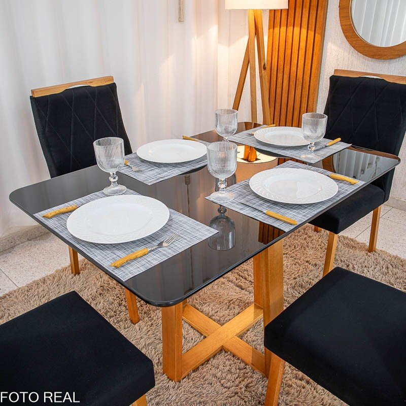 Mesa de Jantar Pedro Mel Vidro Preto 120×80 4 Cadeiras Lisboa Veludo Preto 504 Madeira Maciça Art Assento - Entregue Montada - Imagem 5