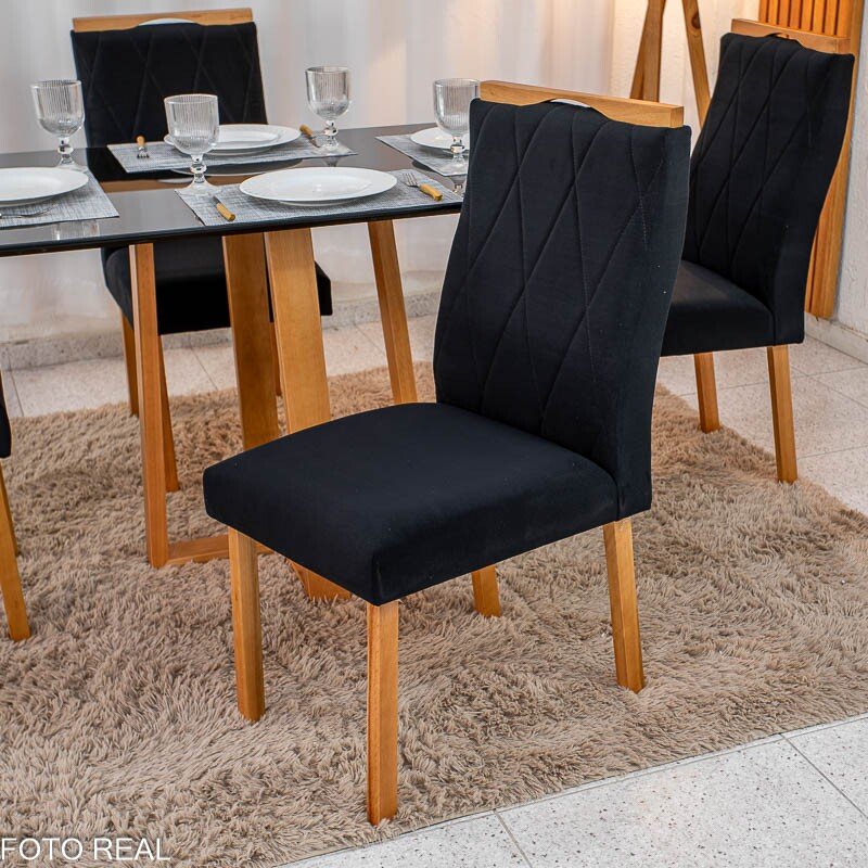 Mesa de Jantar Pedro Mel Vidro Preto 120×80 4 Cadeiras Lisboa Veludo Preto 504 Madeira Maciça Art Assento - Entregue Montada - Imagem 6