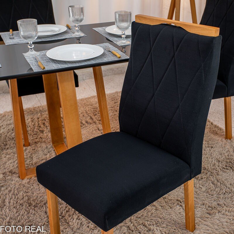 Mesa de Jantar Pedro Mel Vidro Preto 120×80 4 Cadeiras Lisboa Veludo Preto 504 Madeira Maciça Art Assento - Entregue Montada - Imagem 7