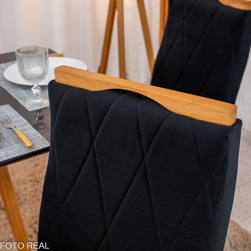 Mesa de Jantar Pedro Mel Vidro Preto 120×80 4 Cadeiras Lisboa Veludo Preto 504 Madeira Maciça Art Assento - Entregue Montada - Imagem 8