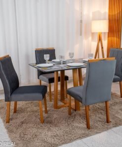 Mesa de Jantar Pedro Mel Vidro Grafite 120×80 4 Cadeiras Lisboa Veludo Cinza 507 Madeira Maciça Art Assento - Entregue Montada