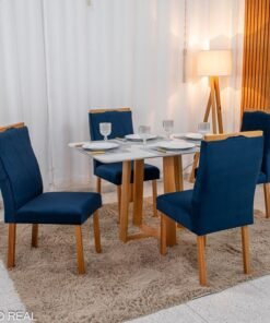 Mesa de Jantar Pedro 120x80 Vidro Off/Base Madeira + 4 Cad. Lisboa Veludo Azul 503 Madeira Art Assento - Entregue Montada