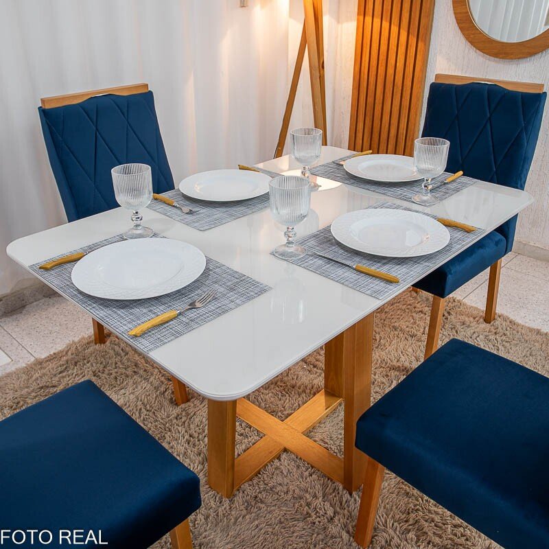 Mesa de Jantar Pedro 120x80 Vidro Off/Base Madeira + 4 Cad. Lisboa Veludo Azul 503 Madeira Art Assento - Entregue Montada - Imagem 2