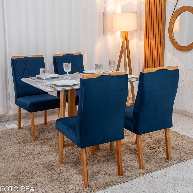Mesa de Jantar Pedro 120x80 Vidro Off/Base Madeira + 4 Cad. Lisboa Veludo Azul 503 Madeira Art Assento - Entregue Montada - Imagem 4