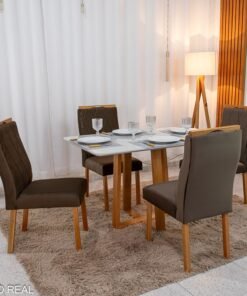 Mesa de Jantar Pedro Mel Vidro Off 120×80 4 Cadeiras Lisboa Veludo Marrom 509 Madeira Maciça Art Assento - Entregue Montada