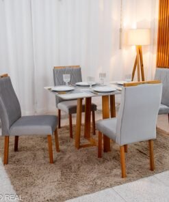 Mesa de Jantar Pedro Mel Vidro Off 120×80 4 Cadeiras Lisboa Veludo Prata 514 Madeira Maciça Art Assento - Entregue Montada