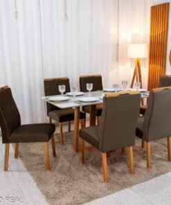Mesa de Jantar Pedro Mel Vidro Off 160×80 6 Cadeiras Lisboa Veludo Marrom 509 Madeira Maciça Art Assento - Entregue Montada