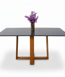 Base Mesa Pedro 6 lugares Vidro Grafite 160x80 Madeira Maciça Art Assento - Entregue Montada