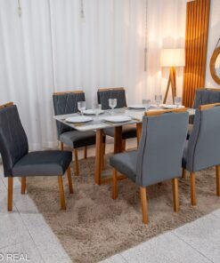 Mesa de Jantar Pedro Mel Vidro Off 160×80 6 Cadeiras Lisboa Veludo Cinza 507 Madeira Maciça Art Assento - Entregue Montada