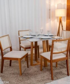 Mesa de Jantar Pedro 90x90 Vidro Off/Base Madeira + 4 Cad. Dubai Linho Bege 629 Madeira Maciça - Art Assento