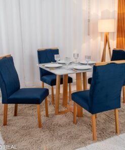 Mesa de Jantar Pedro Mel Vidro Off 90×90 4 Cadeiras Lisboa Veludo Azul 503 Madeira Maciça Art Assento - Entregue Montada