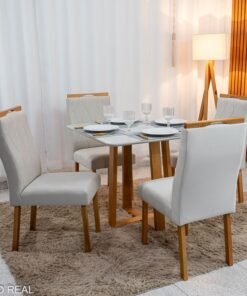 Mesa de Jantar Pedro Mel Vidro Off 90×90 4 Cadeiras Lisboa Veludo Bege 512 Madeira Maciça Art Assento - Entregue Montada
