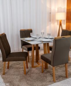 Mesa de Jantar Pedro Mel Vidro Off 90×90 4 Cadeiras Lisboa Veludo Marrom 509 Madeira Maciça Art Assento - Entregue Montada