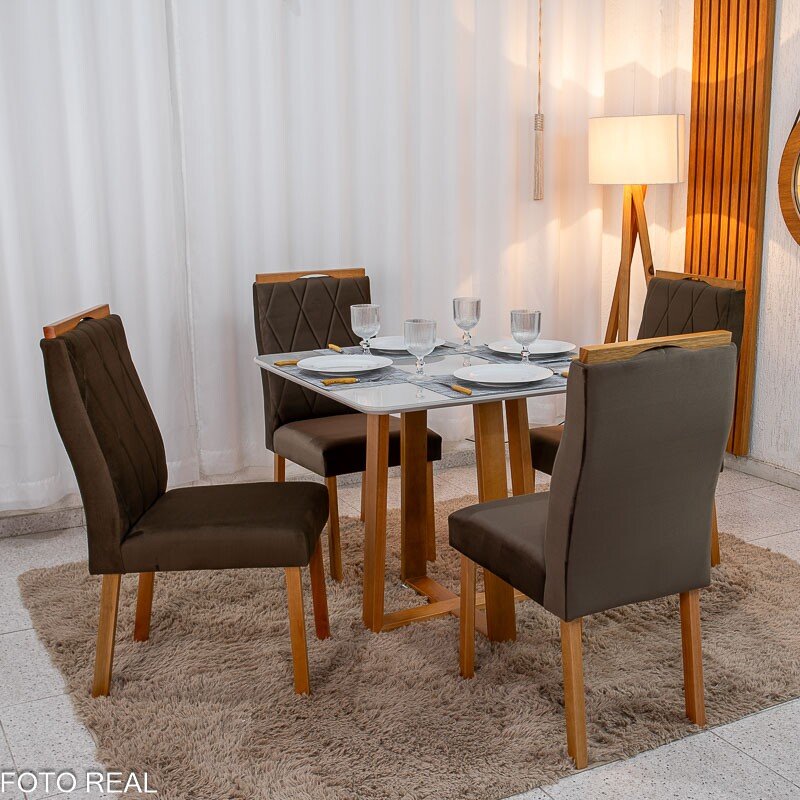 Mesa de Jantar Pedro Mel Vidro Off 90×90 4 Cadeiras Lisboa Veludo Marrom 509 Madeira Maciça Art Assento - Entregue Montada