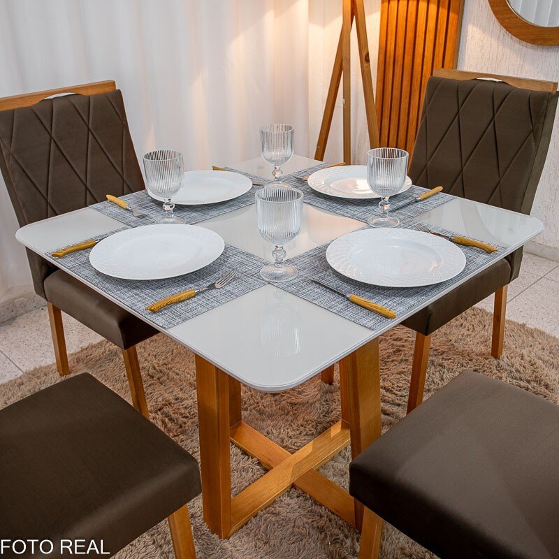 Mesa de Jantar Pedro Mel Vidro Off 90×90 4 Cadeiras Lisboa Veludo Marrom 509 Madeira Maciça Art Assento - Entregue Montada - Imagem 2
