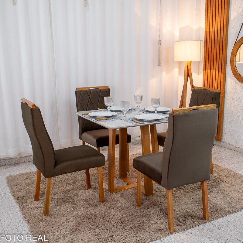 Mesa de Jantar Pedro Mel Vidro Off 90×90 4 Cadeiras Lisboa Veludo Marrom 509 Madeira Maciça Art Assento - Entregue Montada - Imagem 3