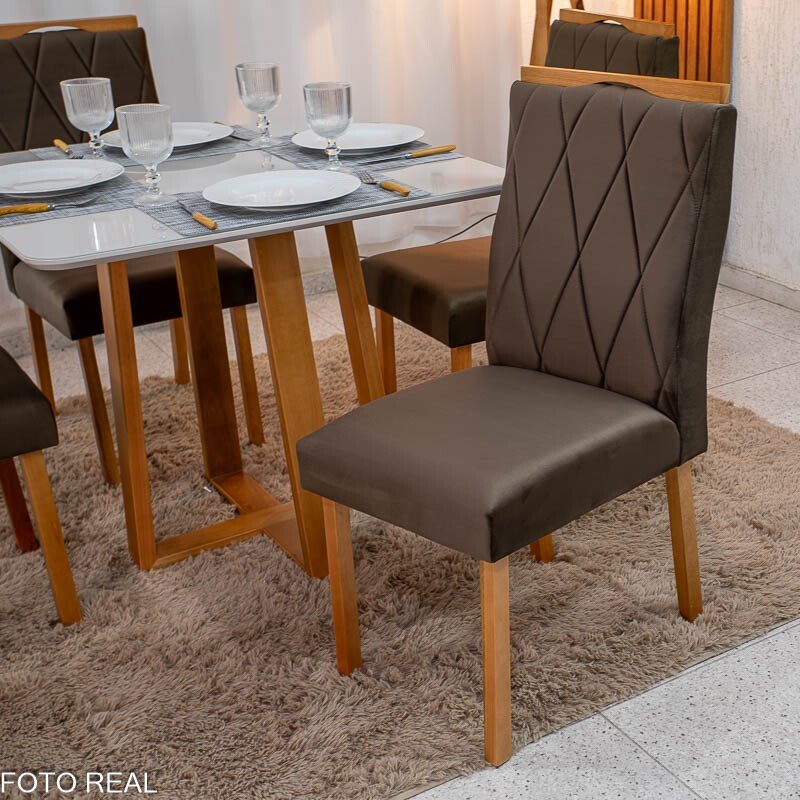 Mesa de Jantar Pedro Mel Vidro Off 90×90 4 Cadeiras Lisboa Veludo Marrom 509 Madeira Maciça Art Assento - Entregue Montada - Imagem 4