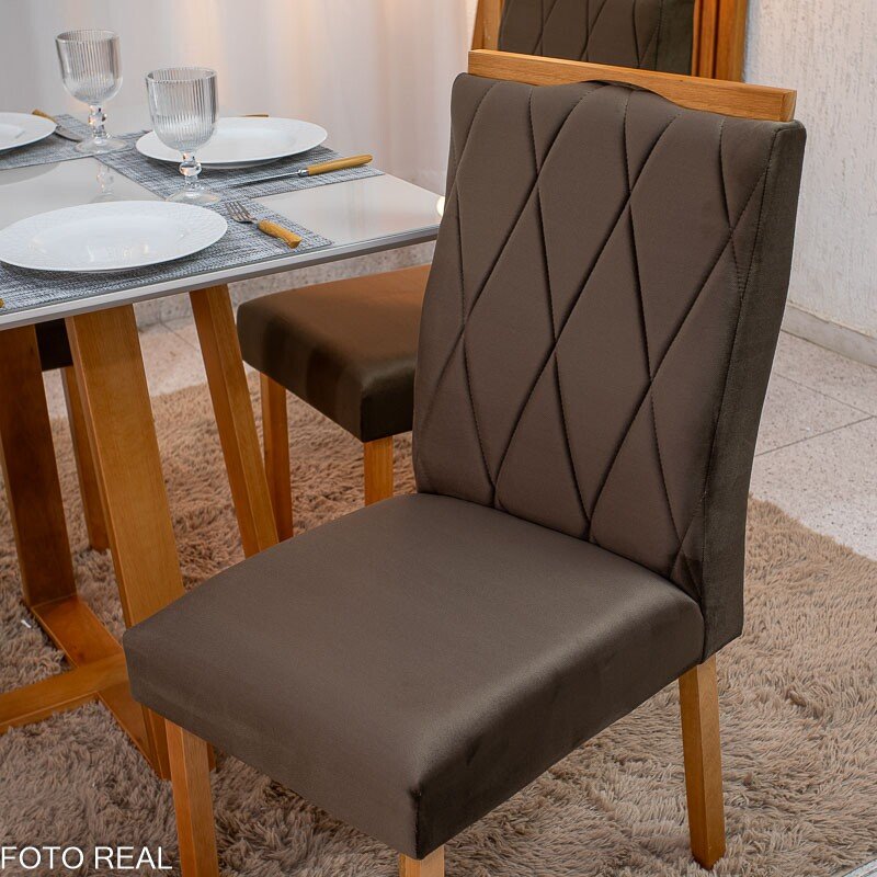 Mesa de Jantar Pedro Mel Vidro Off 90×90 4 Cadeiras Lisboa Veludo Marrom 509 Madeira Maciça Art Assento - Entregue Montada - Imagem 5