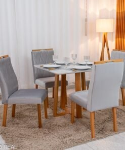 Mesa de Jantar Pedro Mel Vidro Off 90×90 4 Cadeiras Lisboa Veludo Prata 514 Madeira Maciça Art Assento - Entregue Montada