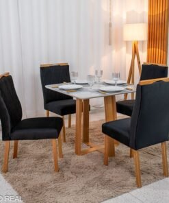 Mesa de Jantar Pedro Mel Vidro Off 90×90 4 Cadeiras Lisboa Veludo Preto 504 Madeira Maciça Art Assento - Entregue Montada