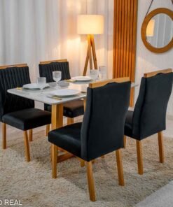 Mesa Pedro Mel Vidro OFF 120×80 4 Cadeiras Genova Veludo Preto 504 Madeira Maciça Art Assento - Entregue Montada