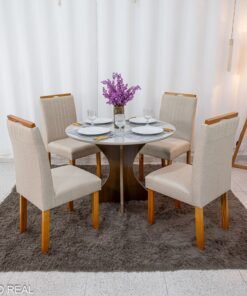 Mesa de Jantar Siena Redonda 100cm Vidro Off/Base Cinamomo + 4 Cad. Atlanta Linho Bege Cru Madeira Minas Plac - Entregue Montada