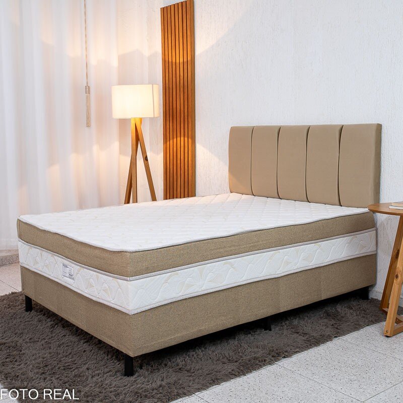 Cama Box Casal Premium Ortopédica D33 138x188x62 Nosso Sonho + Painel Cabeceira Roma Veludo Bege | Suporta até 250kg