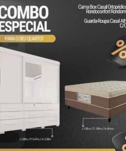 Roupeiro Athenas C/Espelho 3 Pts. 9 Gav. Branco Larg. 1.80m C/Pés Bianchi + Cama Box Casal Ortopédico D33 Rondoconfort Rondomóveis