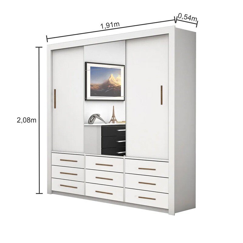 Roupeiro Anjos Branco 3 Portas 9 Gavetas C/ 1 Espelho Larg. 1.91m - Carioca Móveis - Imagem 3