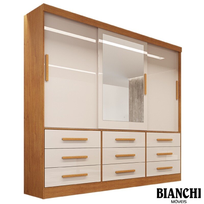 Roupeiro Casal Athenas Branco 3 Portas 9 Gavetas C/ Espelho e Pés Larg. 1.80m - Bianchi - Imagem 4