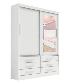 Roupeiro 2 pts Merídian Branco + Cômoda Firenze Branco + Cama Solteiro Milênio Branca + Cama Auxiliar 2 Gavetas Branca D Doro