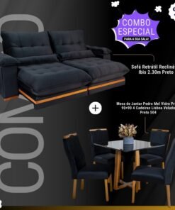 Sofá Retrátil Ibis 2.30m Veludo Preto 820 + Mesa Pedro Mel Tampo Vidro Preto 90×90 4 Cad. Lisboa Veludo Preto 504