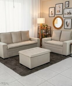 Sofá 3 e 2 lugares França com Puff Veludo Bege A32 Larg. 1.86m