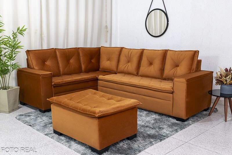Sofá Canto 5 lugares com Puff Alemanha Veludo Terracota A62