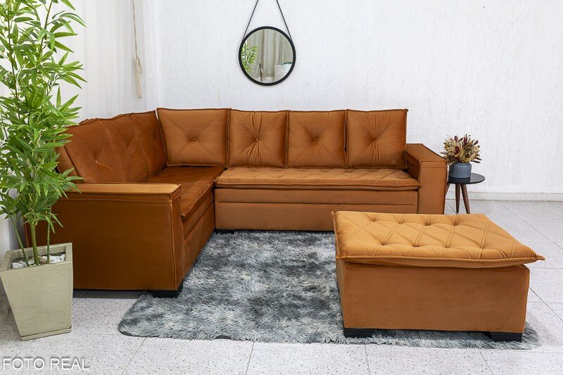 Sofá Canto 5 lugares com Puff Alemanha Veludo Terracota A62 - Imagem 2