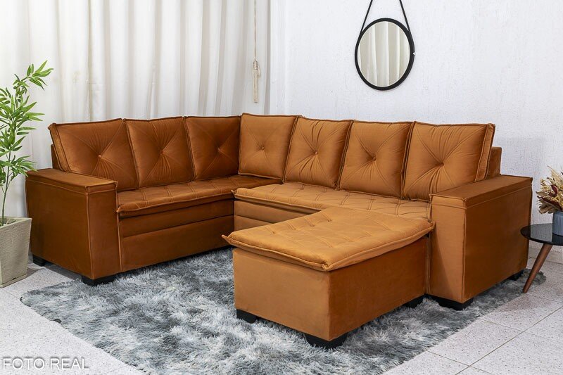 Sofá Canto 5 lugares com Puff Alemanha Veludo Terracota A62 - Imagem 3