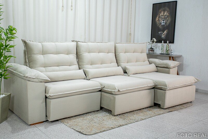 Sofá Retrátil Reclinável Emanuelly Veludo Bege 01 Larg. 3.20m - D28 Soft4 - Imagem 7