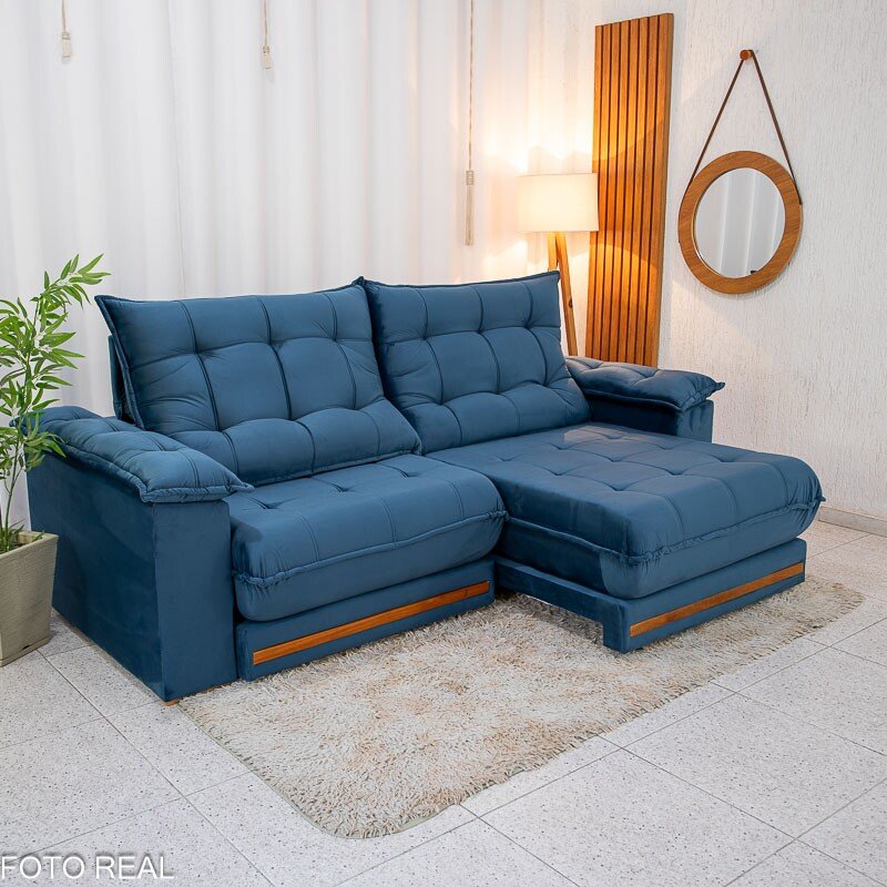 Sofá Retrátil Reclinável Barcelona (ISMAEL) Veludo Azul 325 Larg. 2.30m - D33 e Molas Ensacadas - Imagem 3