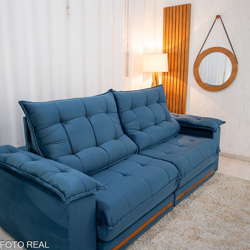 Sofá Retrátil Reclinável Barcelona (ISMAEL) Veludo Azul 325 Larg. 2.30m - D33 e Molas Ensacadas - Imagem 6
