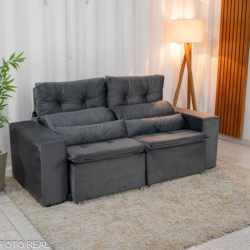Sofá Retrátil Reclinável Bia 1.95m Veludo Cinza - D28 - Imagem 2