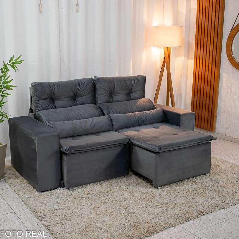 Sofá Retrátil Reclinável Bia 1.95m Veludo Cinza - D28 - Imagem 3