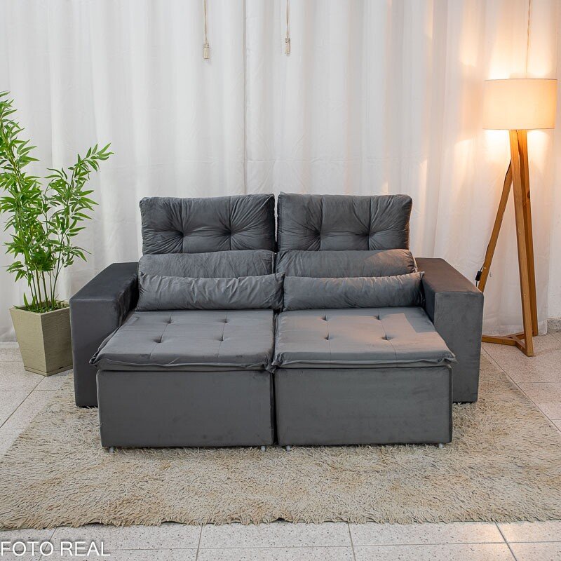 Sofá Retrátil Reclinável Bia 1.95m Veludo Cinza - D28 - Imagem 4