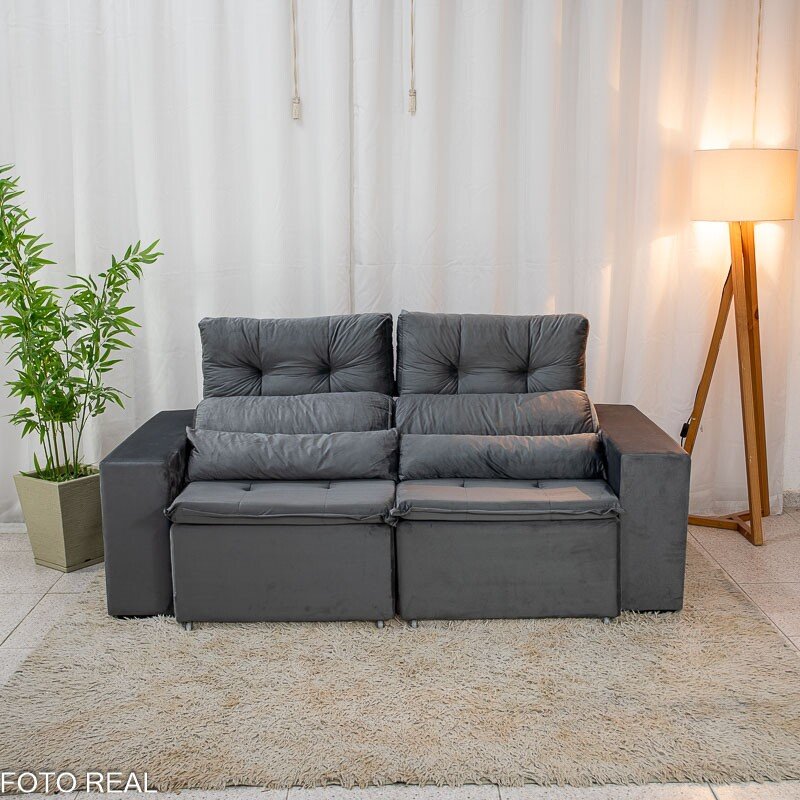 Sofá Retrátil Reclinável Bia 1.95m Veludo Cinza - D28 - Imagem 5