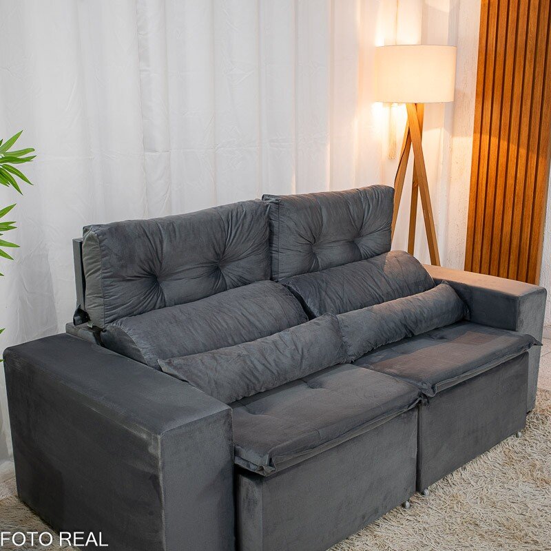Sofá Retrátil Reclinável Bia 1.95m Veludo Cinza - D28 - Imagem 6