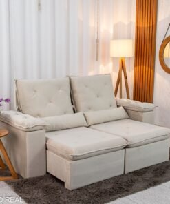 Sofá Retrátil Reclinável City 1.95m Veludo Bege Claro - D28