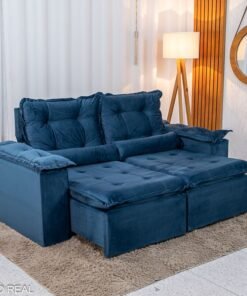 Sofá Retrátil Reclinável Grécia Veludo Azul Larg. 2.00m - Sem caixa