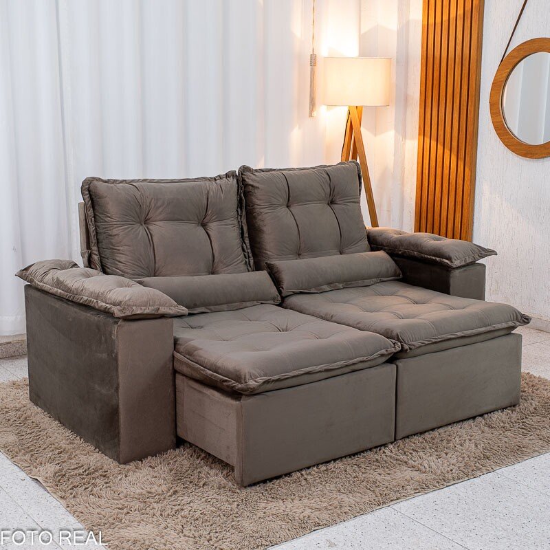 Sofá Retrátil Reclinável Grécia Veludo Marrom Larg. 2.00m - Sem Caixa